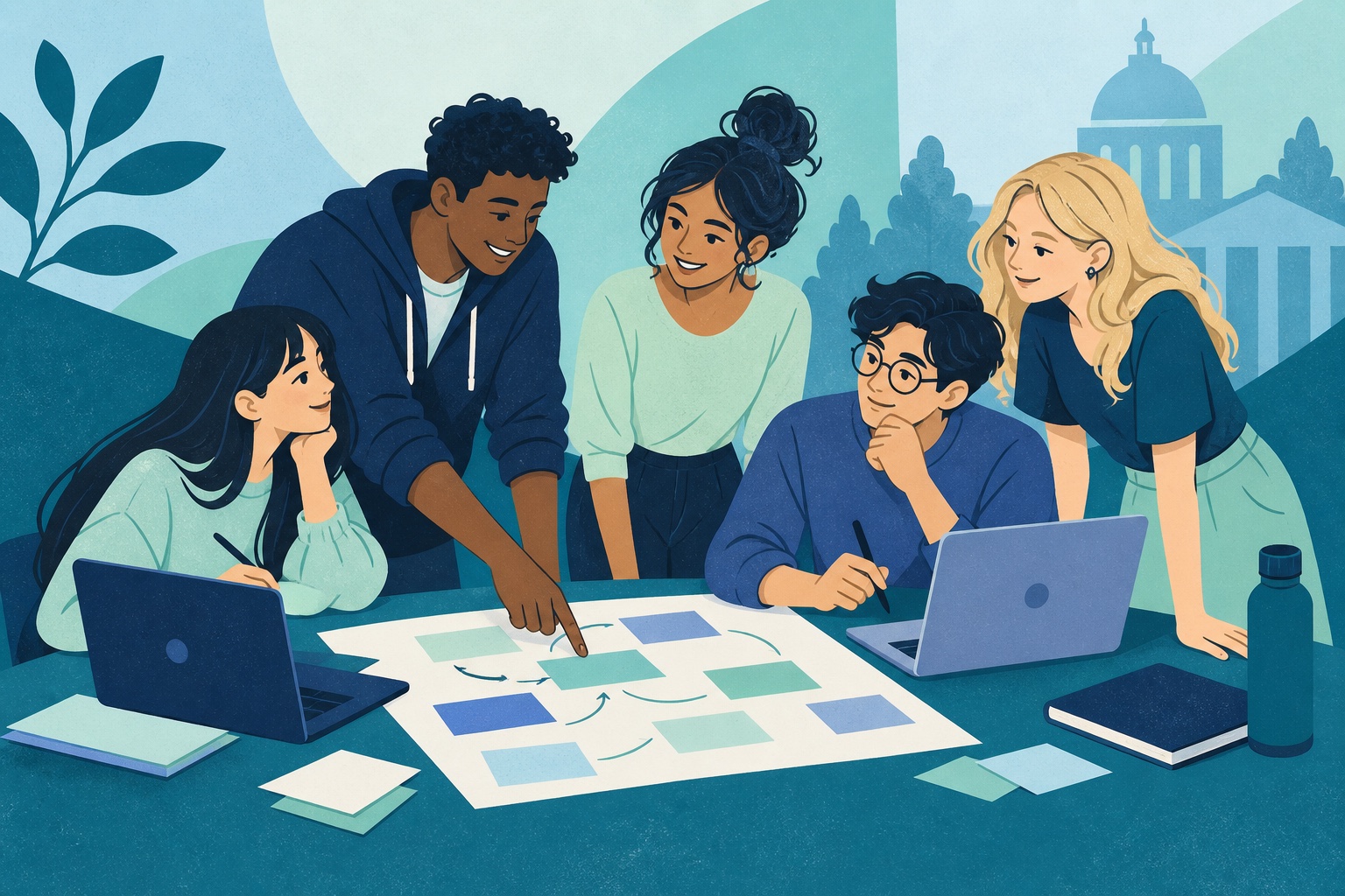 Five students collaborating on a project plan around a table